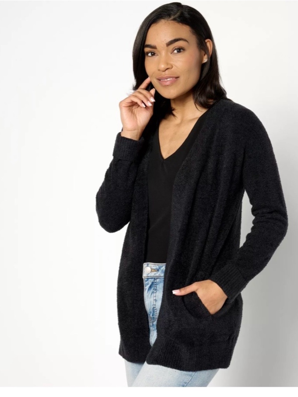 CozyChic Lite ribbed cuff Coastline Black Open-Front Women's Cardigan Sweater